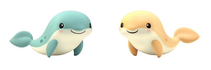 Two dugongs, each with a different color and expression, placed on a transparent background.