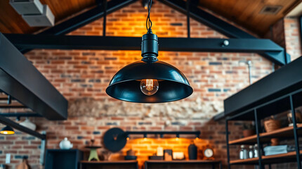 Beautiful background of loft style interior with brick wall, black ceiling lamp, background, shop decor loft style сreated