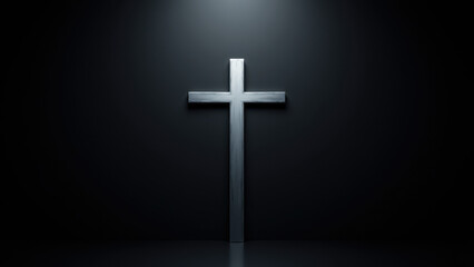 Cross symbol on a dark background with light illuminating from below.