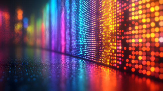 Neon Pixel Wall: A vibrant and dynamic wall of neon pixels glows with an array of colors, casting reflections on a dark surface, creating a modern and visually stunning atmosphere.