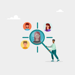 Manager with magnifying glass focuses on clients. Customer-centric marketing strategy for product and service development. Vector illustration.	