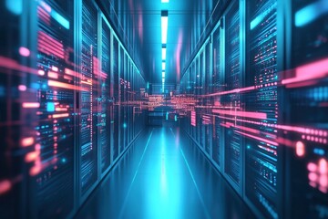 Exploring the neon-lit corridors of a cutting-edge data center at night. Generative AI