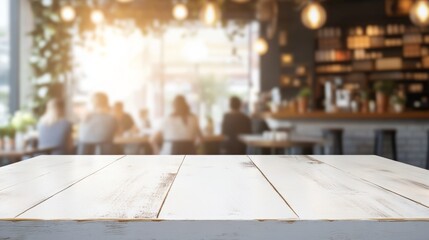 Sleek white rectangular wooden table with even lighting and blurred trendy cafe background featuring customers and coffee cups
