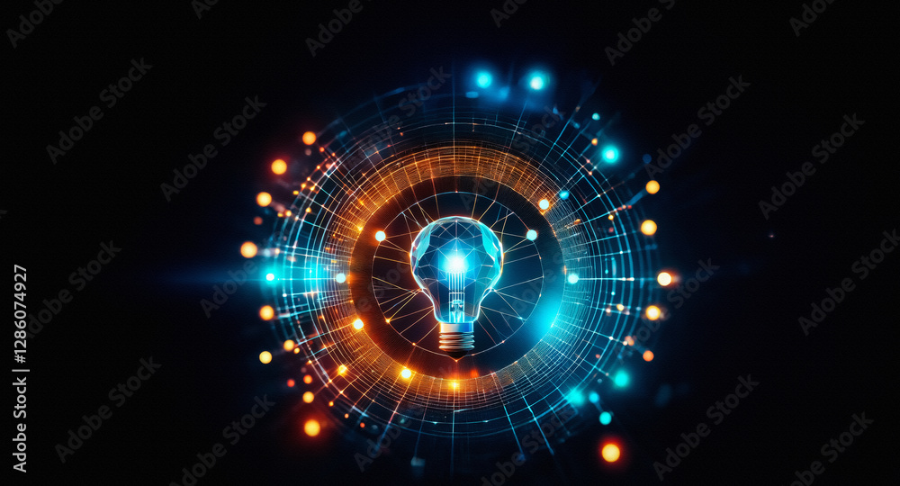 Poster A radiant light bulb is at the center, enveloped by luminous circles and dots, creating a futuristic and technological conceptualization against a dark backdrop.