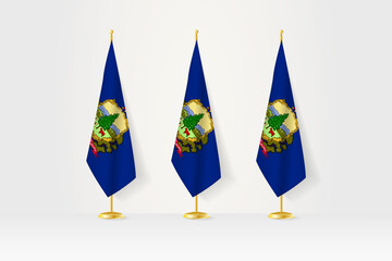 Three Vermont flags in a row on a golden stand, illustration of press conference and other meetings.