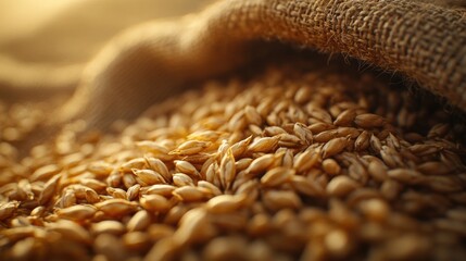 Obraz premium Close-up of Wheat Grains in a Burlap Sack at Sunrise