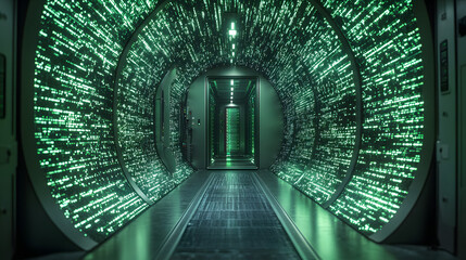 Cybernetic Passage: An abstract, futuristic corridor glows with a matrix of digital code, leading the eye towards an unknown destination, full of intrigue.