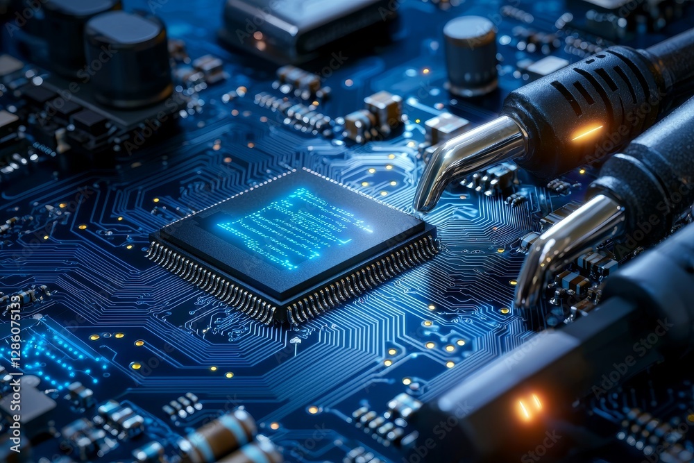 Poster a 3d ai stock technology illustration focuses on a cpu central processor unit and chipset mounted on