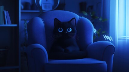Black cat with bright eyes sitting on a chair in dimly lit room.