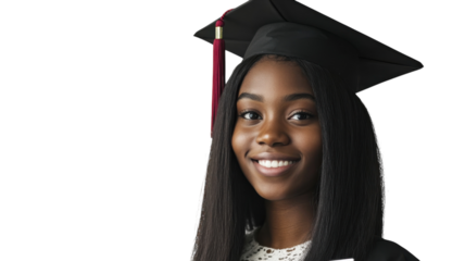 Graduate proudly smiles while wearing a cap and gown at a graduation ceremony inside a bright venue