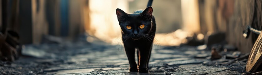 Obraz premium Black cat walking down a narrow alleyway, surrounded by blurred background buildings.