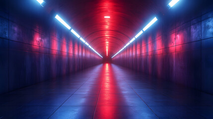 Neon Corridor: A captivating perspective of an elongated corridor bathed in vibrant neon lights....