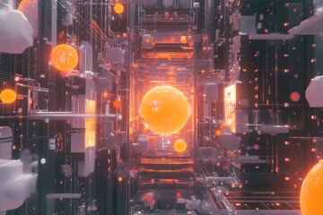 Obraz premium Exploring a futuristic digital landscape filled with glowing orbs and intricate patterns at the intersection of technology and art. Generative AI