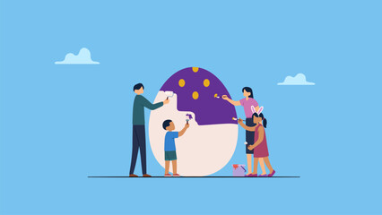Happy family painting an egg together, Happy Easter scene with families, kids. Easter street event, festival and fair, banner, poster design.