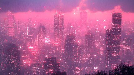 Obraz premium Mystical Metropolis: A captivating aerial view of a sprawling city skyline under a pink-hued, ethereal sky creates an atmosphere of futuristic wonder and mystery.