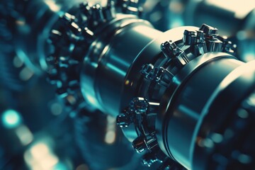 Fototapeta premium Metal components interlinked in an intricate industrial machinery setup under soft illuminated ambiance. Generative AI