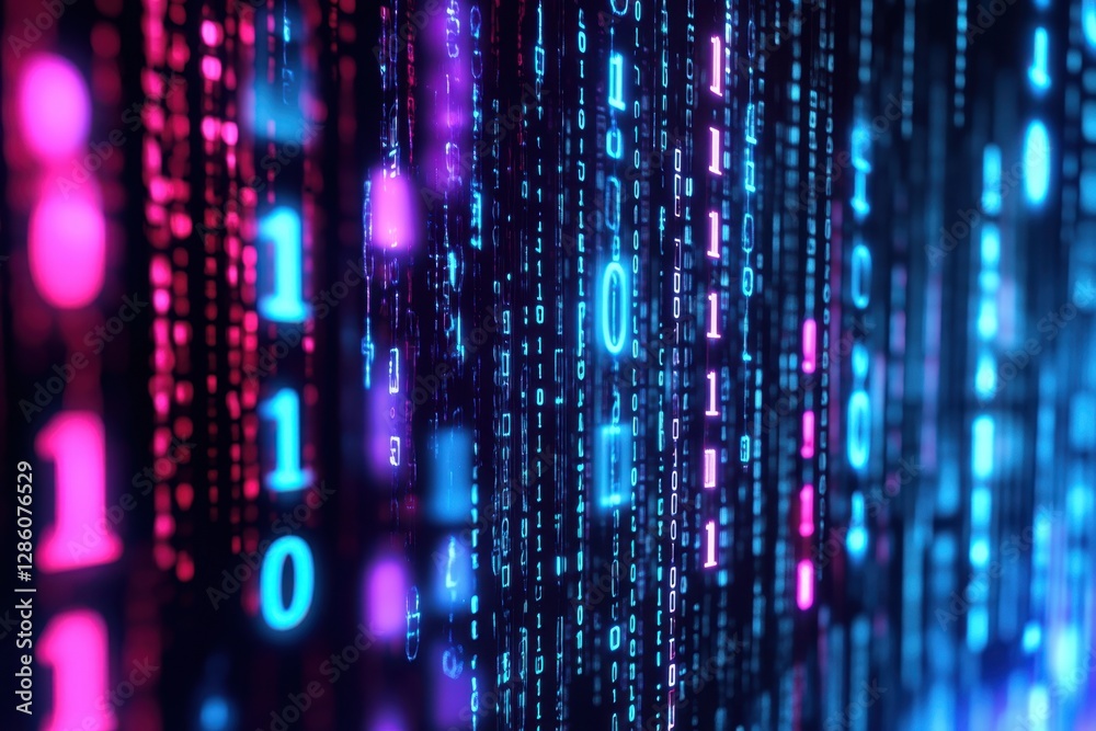 Poster Digital transformation displays vibrant binary code in a mesmerizing display of blue and pink lights. Generative AI