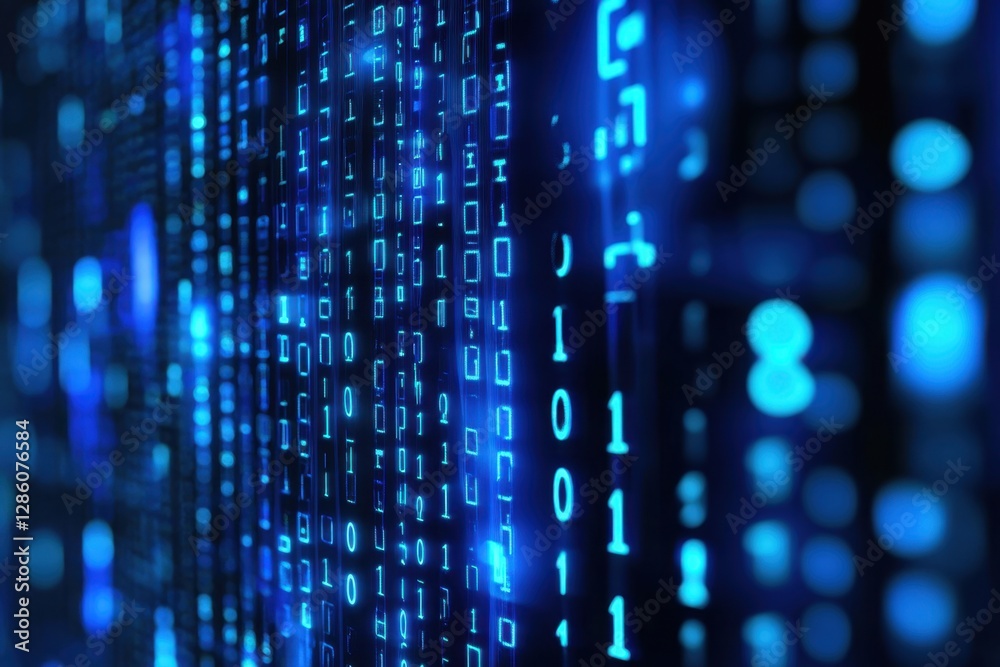 Poster Digital matrix in vibrant blue hues showcasing a cascade of binary code representing technology and data flow in the modern world. Generative AI