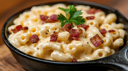 Creamy bacon mac and cheese in cast iron skillet