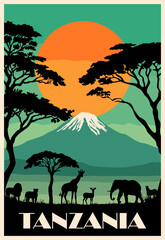 Tanzania Travel poster in retro style with beautifal african safari landscape with Kilimanjaro Mountain and wild animals and trees silhouettes. Colorful flat vector illustration © Creative_Juice_Art