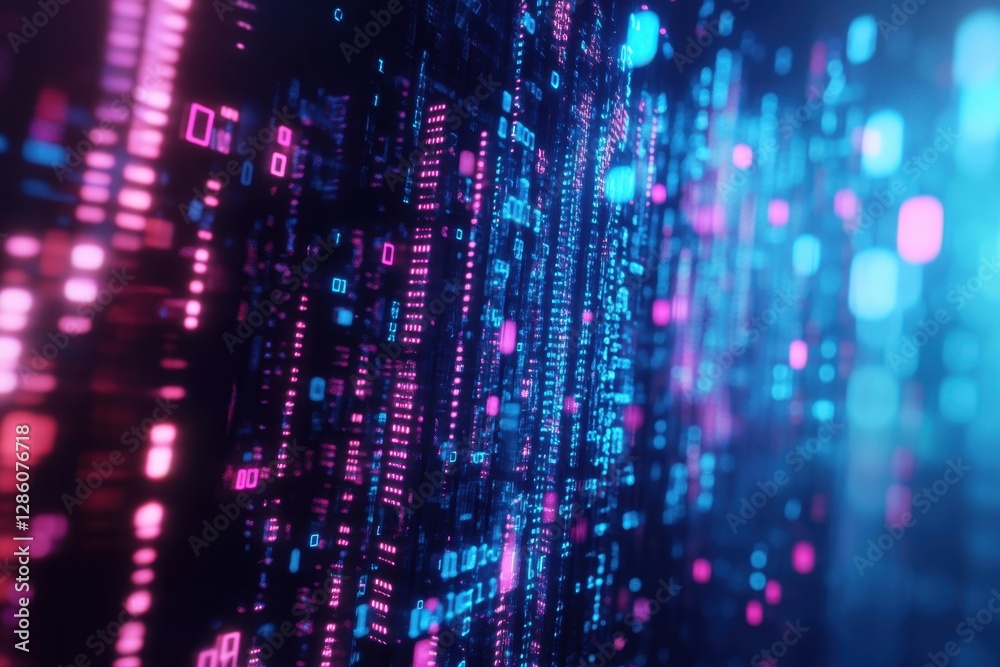 Poster Vibrant digital landscape showcasing colorful binary data flowing in an abstract cyber environment. Generative AI