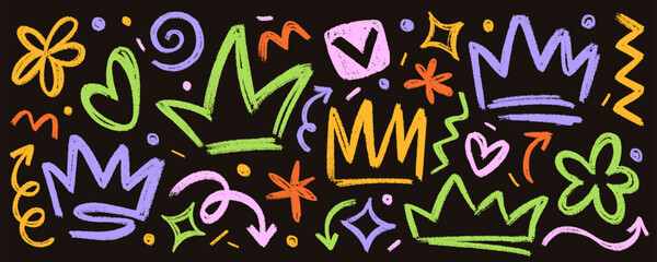 Neon funky set of scratching style collage elements. Hand drawn charcoal crowns, doodle, arrows, flowers, stars, dots. Pencil shapes of sribbles, squiggles are isolated on black backdrop.