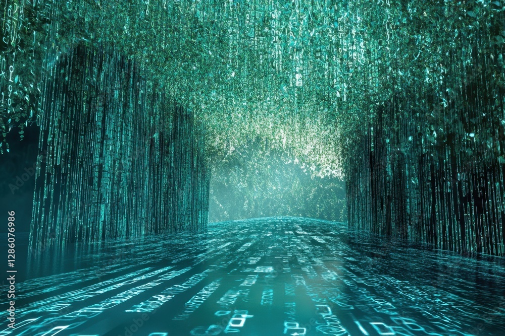 Poster digital waterfall flows with cascading code and shimmering lights in a serene, futuristic landscape 