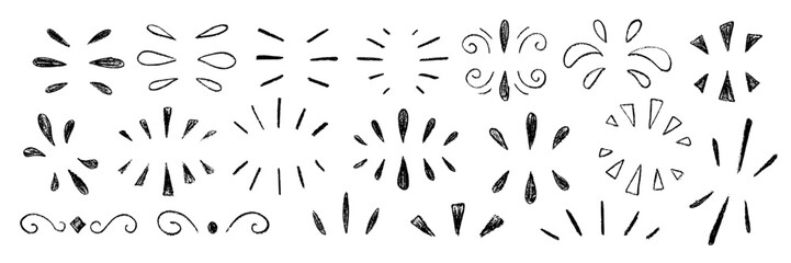 Hand draw crayon attention symbols. Pencil collage elements of doodle expression signs, naive sketch line emphasis. Girly scribbles for express emotion, composition are isolated on white backdrop.