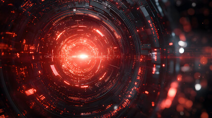 Cybernetic Core: A glowing red core of an advanced technological system, pulsating with energy and complexity. The image showcases futuristic design and technological innovation