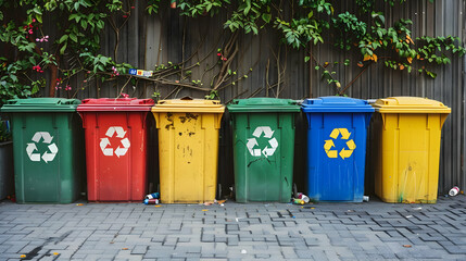 Obraz premium Colorful recycling bins lined up against a textured wall with plants, promoting eco-friendly waste disposal