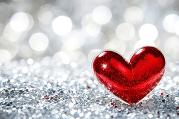 Fototapeta premium Shiny Red Heart on Silver Glitter Background for Celebrations