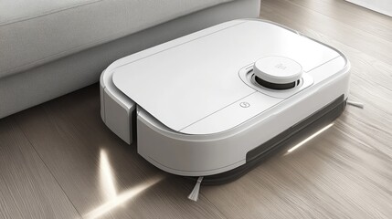 Robotic vacuum cleaner navigating a minimalist living room, efficiently cleaning dust and debris