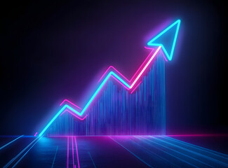 Double exposure image of a glowing graph with an upward arrow, representing growth and progress in a futuristic digital style. Neon blue and pink lines create a modern visual.