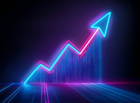 Double exposure image of a glowing graph with an upward arrow, representing growth and progress in a futuristic digital style. Neon blue and pink lines create a modern visual.