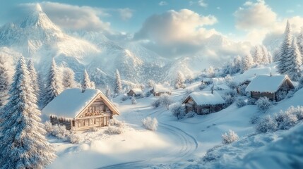 Fototapeta premium Snowy Mountain Village Winter Wonderland: A picturesque alpine village nestled amidst snow-covered mountains under a bright winter sky.