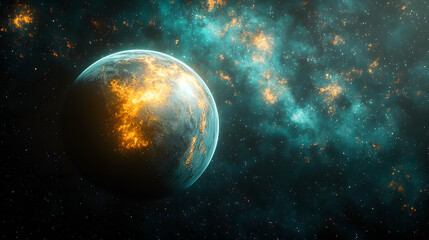 Obraz premium Celestial Majesty: A breathtaking digital artwork showcases a vibrant planet suspended against a mesmerizing backdrop of a starlit galaxy, radiating cosmic wonder.