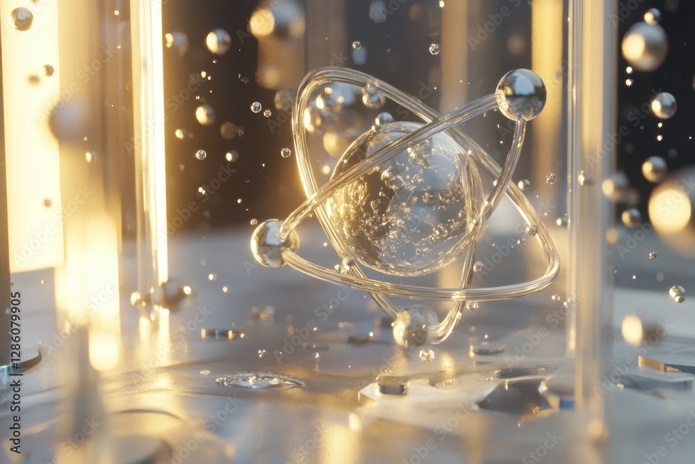 Poster illuminated atom amidst floating droplets in a futuristic laboratory setting. generative ai