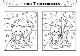 Cats in rain under thу umbrella. Cute. Find 7 differences. Black and white game for kids. Isolated vector illustration eps 10