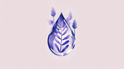 Obraz premium Violet leaf suspended in clear glass water drop on minimalist eco natural light background with place for text