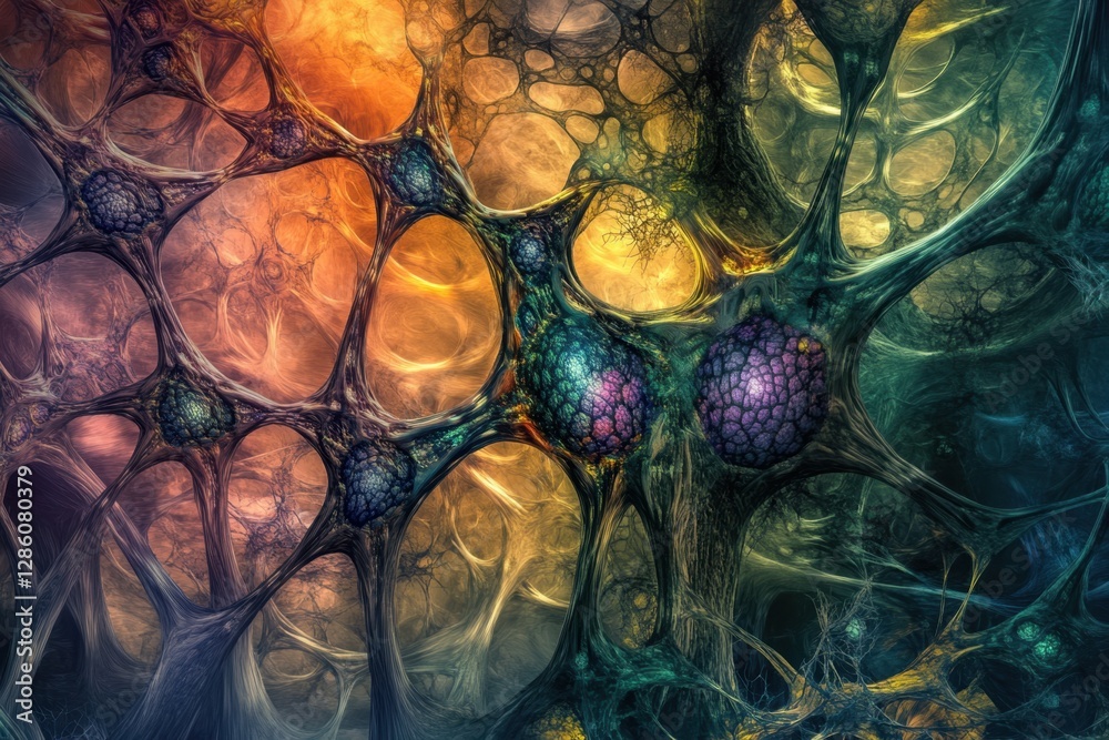 Poster intricate patterns of life explored through vibrant colors and abstract shapes in an imaginative lan