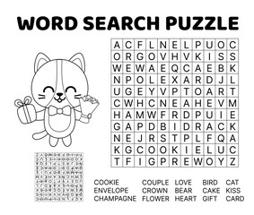 Cute word search game puzzle for kids. Black and white. English words. Isolated vector illustration eps 10