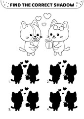 Cats in love. Find the correct shadow. Black and white. Shadow game. Isolated vector illustration eps 10