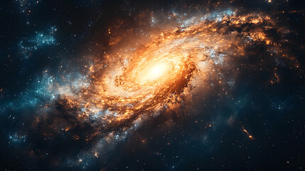 Obraz premium Spiral Galaxy in the Cosmos: A mesmerizing spiral galaxy swirls gracefully in the vast expanse of space, its luminous core radiating light amidst the cosmic tapestry of stars and nebulae.