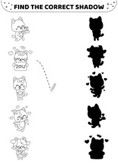 Shadow matching game. Black and white. Kittens in love. Find the correct shadow. Isolated vector illustration eps 10
