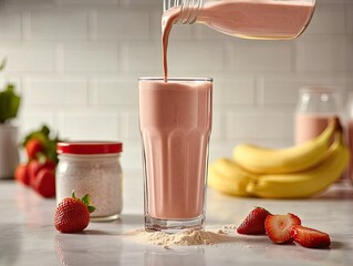 Pink smoothie being poured into glass; strawberries, bananas, and kitchen background