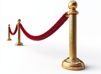 Golden barrier with red rope isolated on a white background. Clipping path included