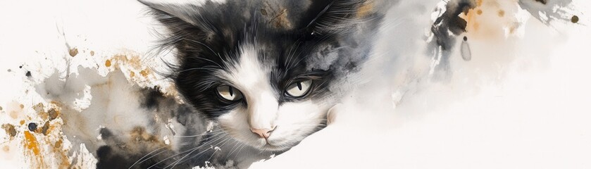 Artistic watercolor portrait of a black and white cat with a dreamy expression
