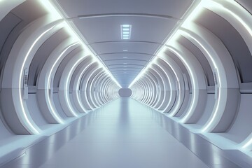 Futuristic corridor illuminated by sleek lights in a cutting-edge architectural setting at dusk. Generative AI