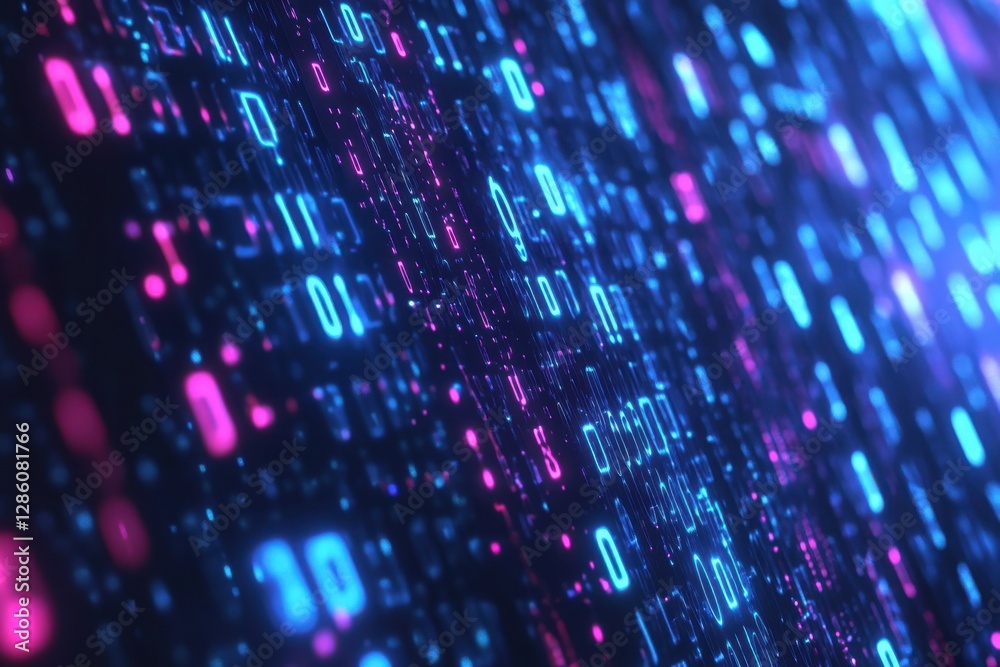 Poster Vibrant data streams illuminate a digital landscape filled with binary code at night, showcasing mesmerizing technology. Generative AI