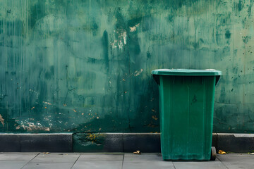 Obraz premium Green garbage bin against a textured green wall with peeling paint and urban details